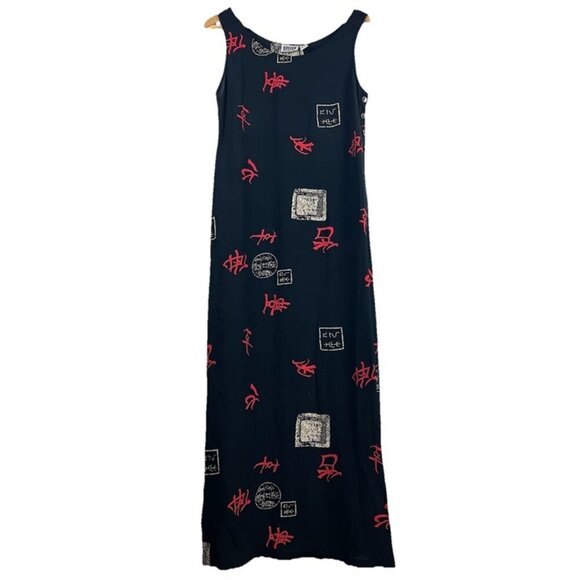 Vintage Chicos Jumper Maxi Dress Sz M Asian Print 90s Relaxed Fit Retro Resort - Picture 1 of 8